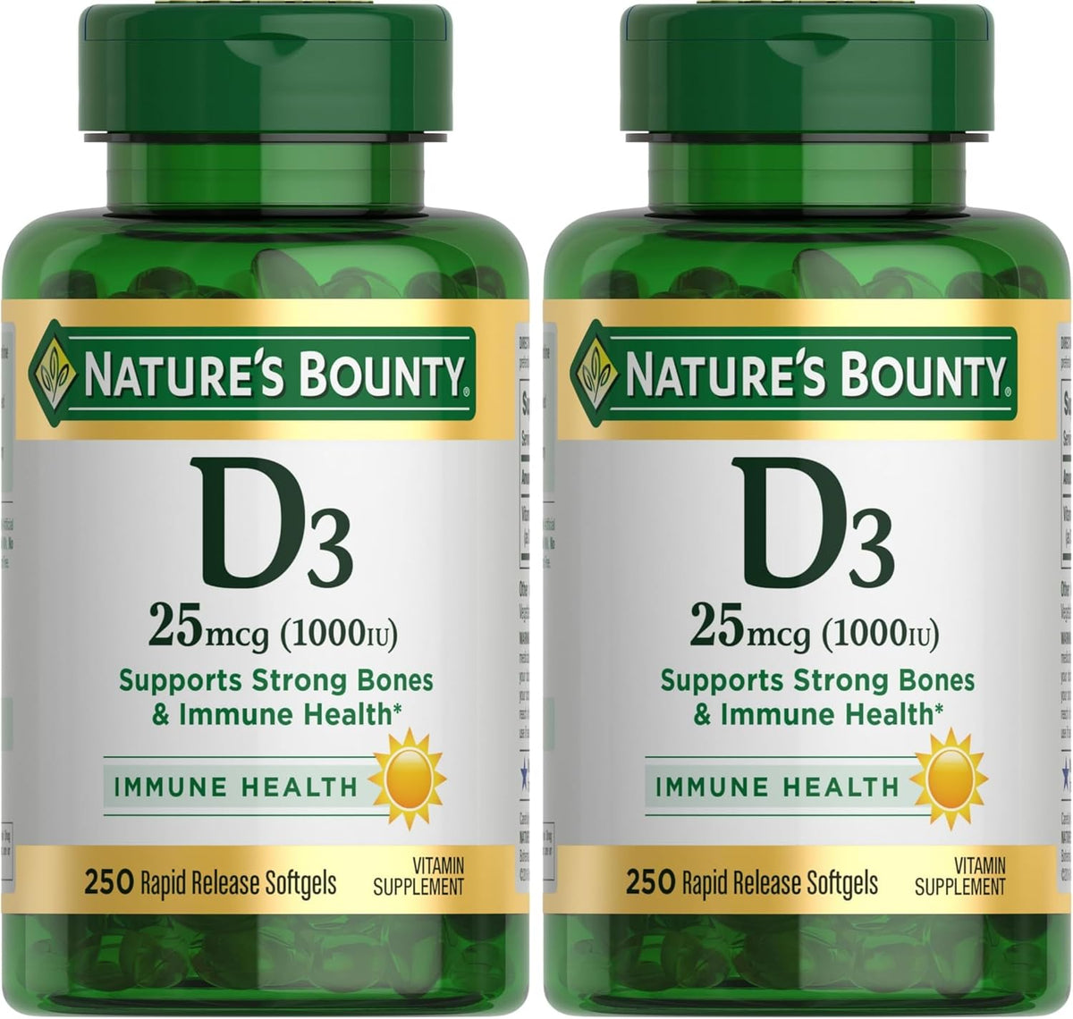 Nature's Bounty Vitamin D3 1000 IU, Immune Support, Helps Maintain Healthy Bones, 250 Rapid Release Softgels (Pack of 2)