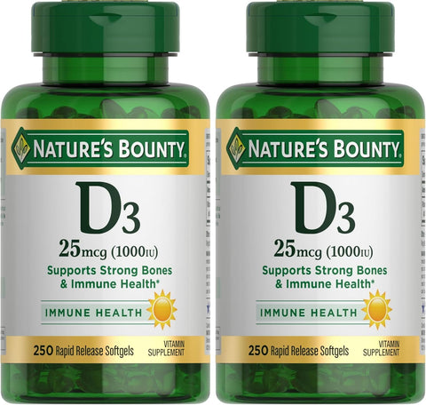 Nature's Bounty Vitamin D3 1000 IU, Immune Support, Helps Maintain Healthy Bones, 250 Rapid Release Softgels (Pack of 2)