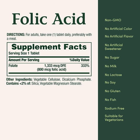 Nature's Bounty Folic Acid Supplement, Supports Cardiovascular Health, 800mcg, 250 Tablets