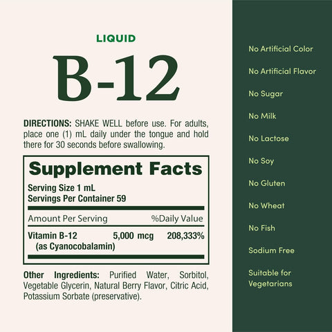 Nature’s Bounty Vitamin B12 5000 mcg Sublingual Liquid, Cardiovascular Health & Cellular Energy Support, 2 Fl Oz (1 Count)