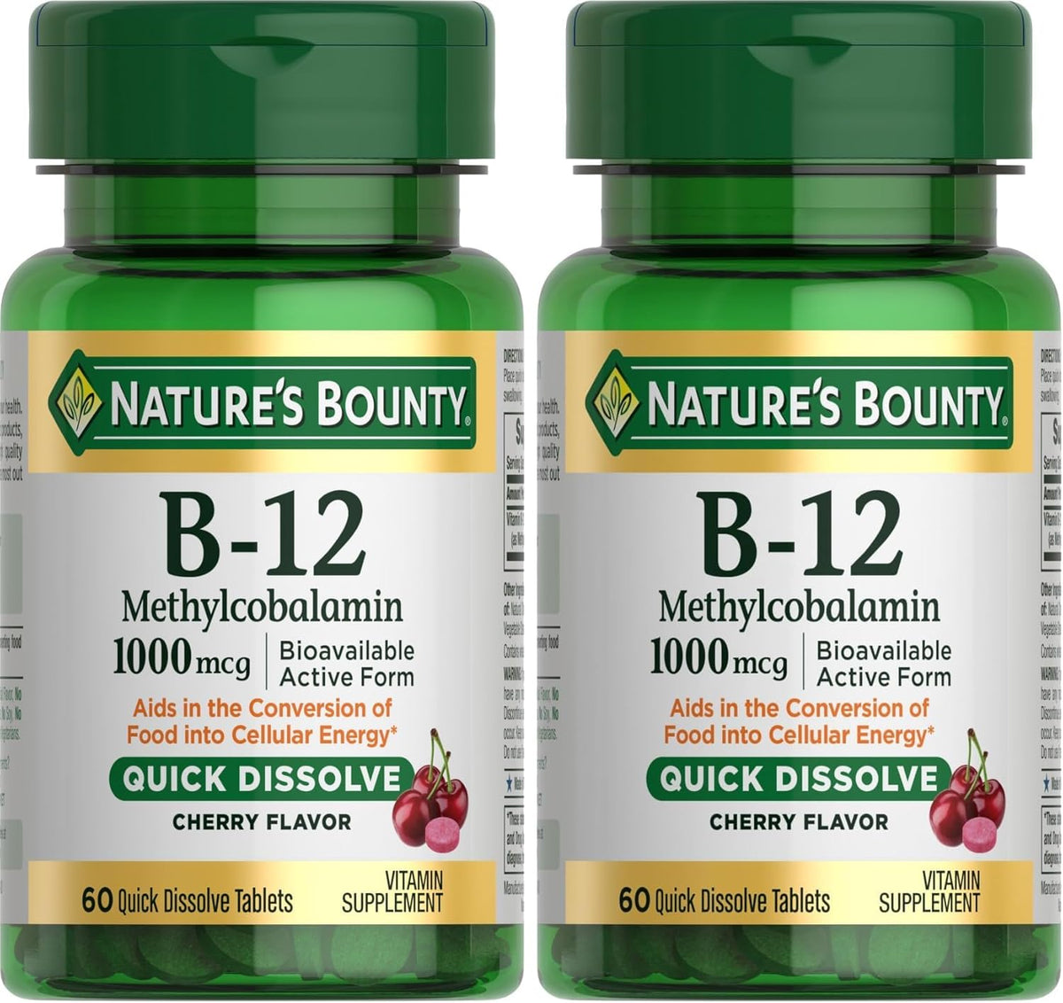 Nature's Bounty Vitamin B-12 Quick Dissolve Tablets,1000mcg,Aids in the Conversion of Food into Cellular Energy,Cherry Flavor,60ct,(Pack of 2)