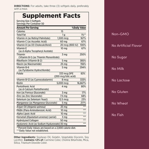 Nature's Bounty Advanced Hair, Skin & Nails, Argan-Infused Vitamin Supplement with Biotin and Hyaluronic Acid, 150 Rapid Release Softgels, 50 Total Servings