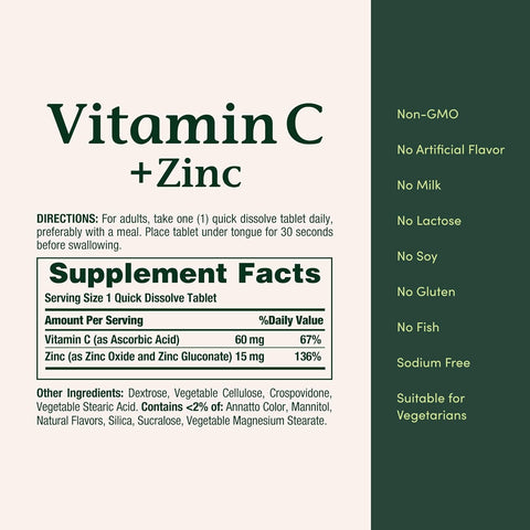 Nature's Bounty Vitamin C + Zinc, Vitamin Supplement, Supports Immune Health, 60 mg, 60 Tablets