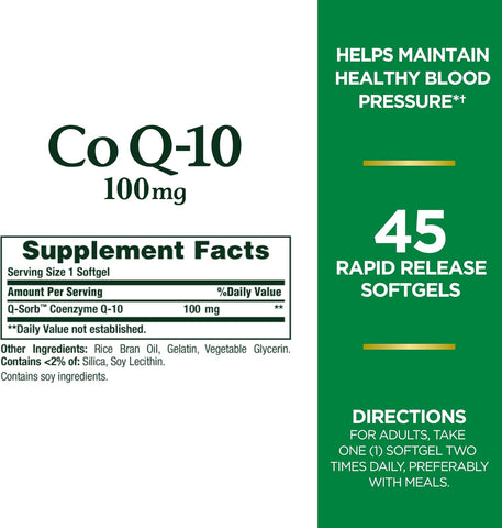 Nature's Bounty CoQ10 100mg for Heart Health Support, Non-GMO Q-Sorb Coenzyme Q-10 Antioxidant Support and Cardiovascular Wellness, Dietary Supplement, Rapid Release Softgels, 45 ct (Pack of 2)