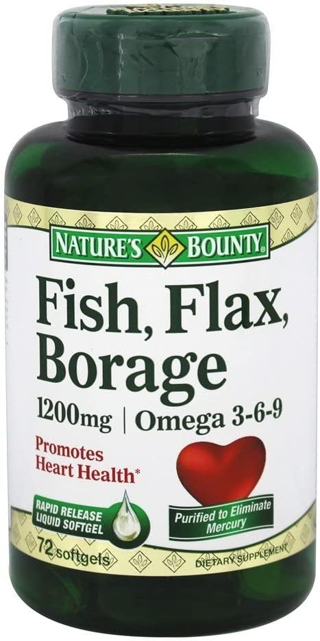 Nature's Bounty Fish, Organic Flaxseed and Borage Oils, Omega 3-6-9 and Fatty Acids, Supports Heart, Cellular and Metabolic Function, 1200 mg, 72 Softgels