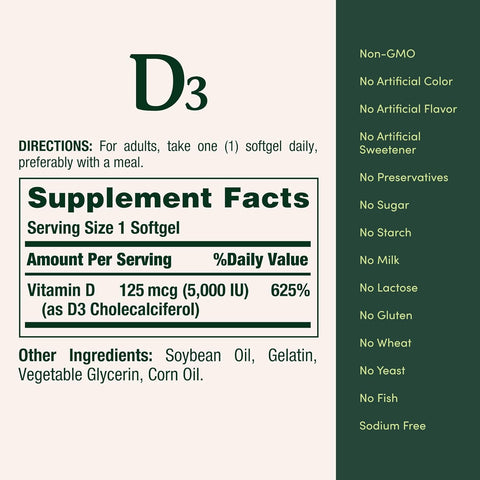 Nature's Bounty Vitamin D3 5000 IU Softgels, Rapid Release, Immune Support, Vitamin D Supplements, 240 Ct