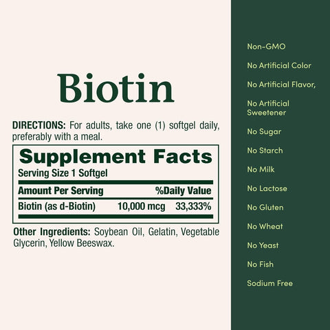 Nature's Bounty Biotin Hair Skin and Nails Vitamins, Supports Healthy Hair, Skin and Nails, 10,000 mcg, 120 Softgels (Pack of 1)