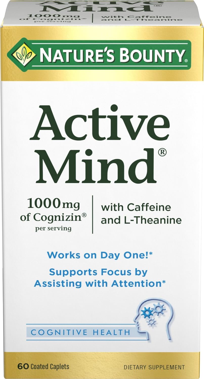 Nature's Bounty Active Mind Dietary Supplement, Supports Focus and Attention, 1000 mg Cognizin with L-Theanine and Caffeine Pills, 60 Caplets