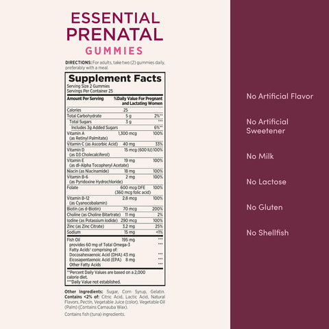 Nature's Bounty Optimal Solutions Essential Prenatal Gummies, Folic Acid and Iodine, Omega 3 and DHA, 50 Count, 25 Total Servings