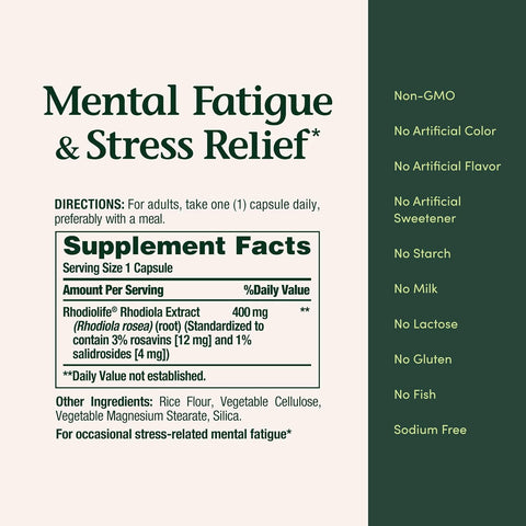 Nature's Bounty Mental Fatigue and Stress Relief, Rhodiola Supplement, 400 mg, Capsules, 30 Count