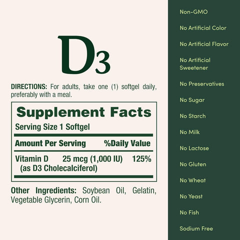 Nature's Bounty Vitamin D3 1000 100 mg Soft Gels, 120 Count