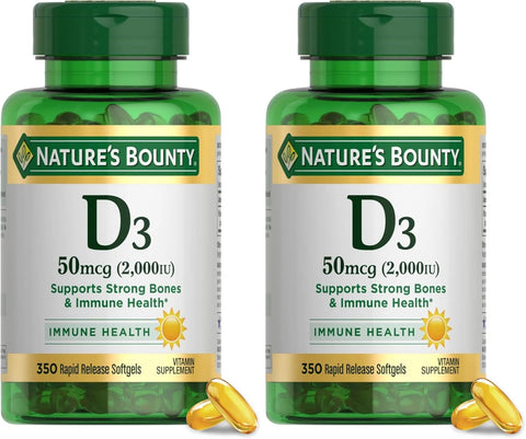 Nature's Bounty Vitamin D3 2000 IU|Supports Immune Health,Calcium Absorption & Bone Strength|Essential for Healthy Bones|Non-GMO,No-Gluten,350 Softgels,1 Serving Per Day for Daily Health,(Pack of 2)