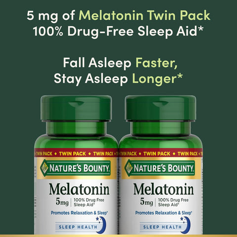 Nature's Bounty Melatonin 5mg, 100% Drug Free Sleep Aid, Dietary Supplement for Relaxation and Sleep Health - 4 Month Supply, 60 Rapid Release Softgels Twin Pack (120ct)