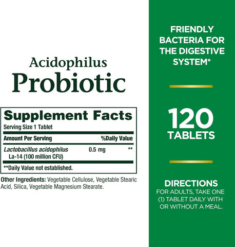 Nature's Bounty Lactobacillus Acidophilus Probiotic Supplement - Daily Probiotic for Women/Men Digestive Health,100 Million Organisms,Vegetarian,1 Serving per Day,120 Tablets,(Pack of 2)