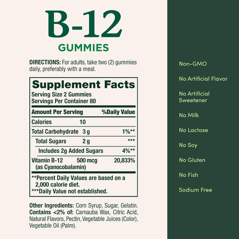 Nature's Bounty Vitamin B12 Gummies, Dietary Supplement, Supports Energy Metabolism and Nervous System Health, Mixed Berry Flavor, 500mcg, 160 Count