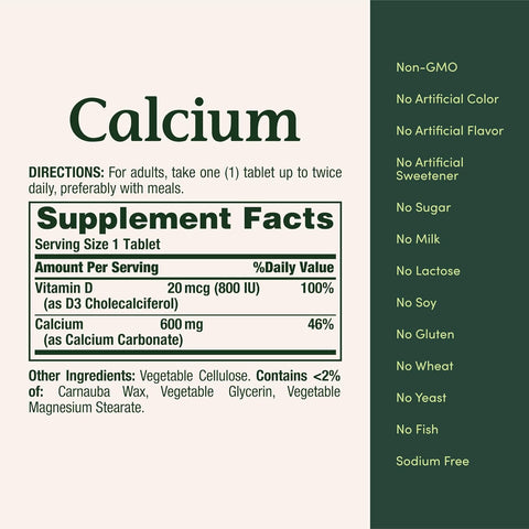 Nature's Bounty Calcium Carbonate & Vitamin D, Supports Immune Health & Bone Health, 600mg Calcium & 800IU Vitamin D3, 250 Tablets
