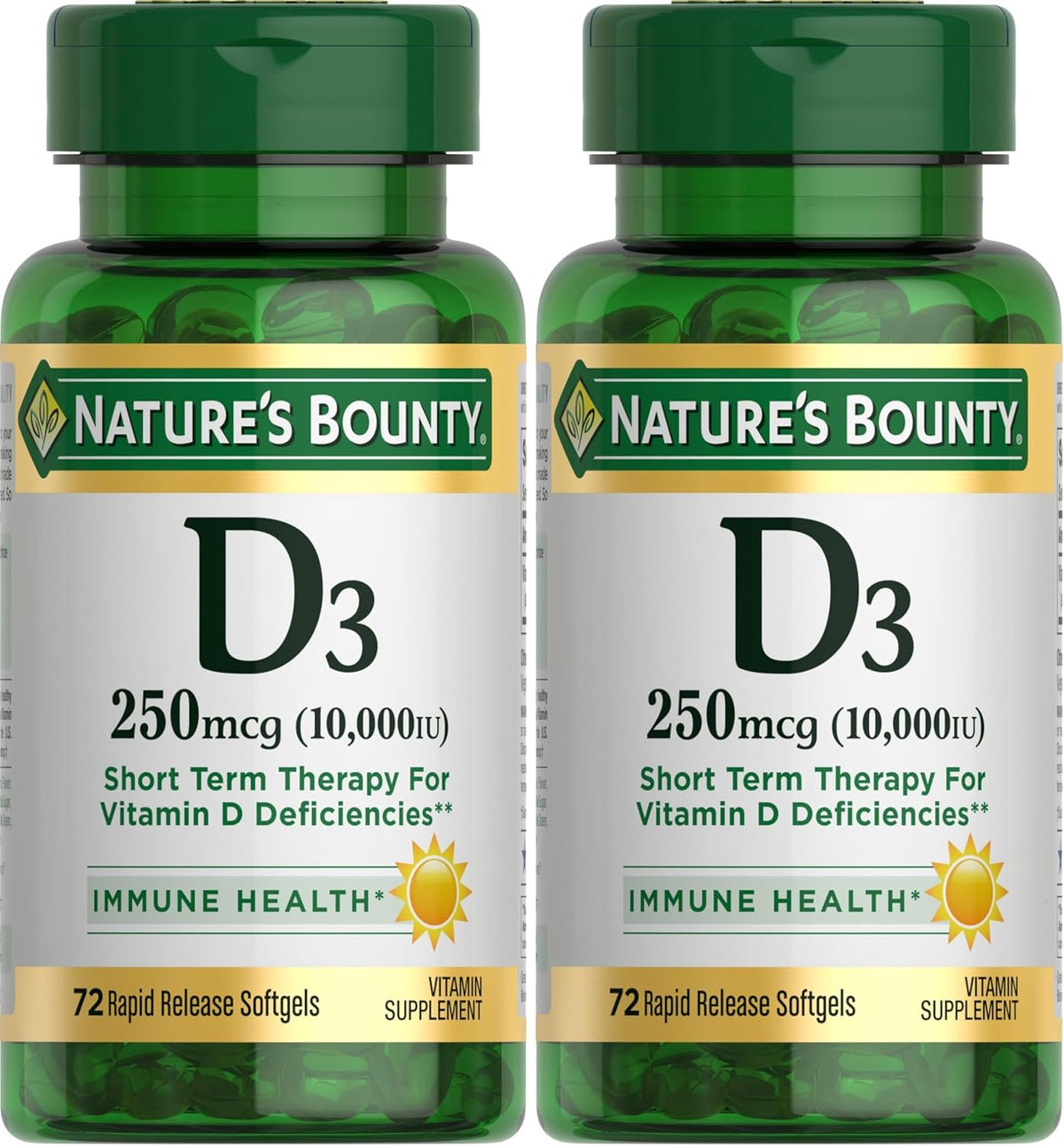 Nature's Bounty Vitamin D for Immune Support, Vitamin D Provides Immune Support and Promotes Healthy Bones, 10000IU, 72 Softgels (Pack of 2)