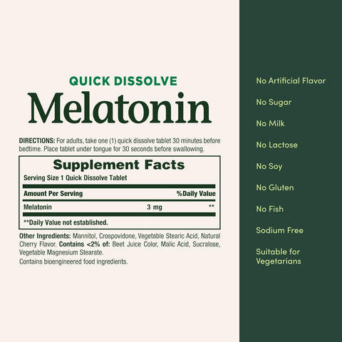Nature's Bounty Melatonin, Promotes Relaxation & Sleep, 100% Drug Free Sleep Aid, 3 mg, 120 Quick Dissolve Tablets