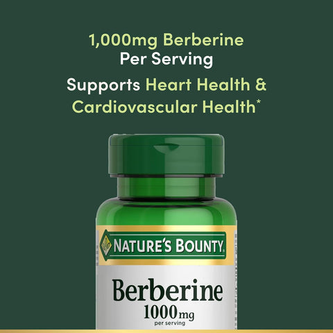 Nature’s Bounty Berberine 1000mg Capsules, Supports Heart Health, Cholesterol & Blood Sugar Levels in a Normal Range, Non-GMO Supplement, 60 Count