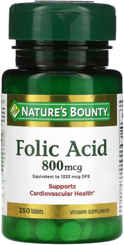 Nature's Bounty Folic Acid 800 mcg Vitamin Supplement Maximum Strength - 250 Tablets, Pack of 2