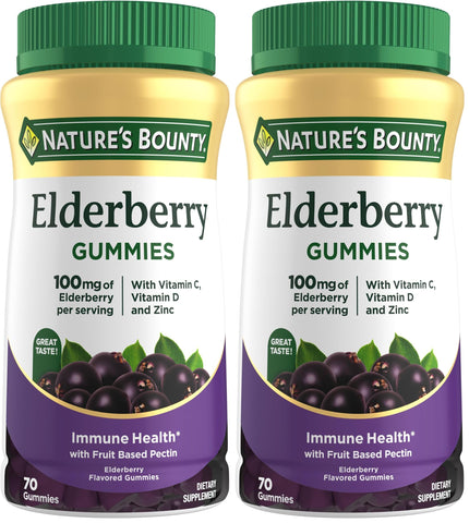 Nature's Bounty Elderberry Gummies, Dietary Supplement, Supports Immune Health, Contains Vitamin A, C, D, E and Zinc, 100 mg, 70 Gummies (Pack of 2)