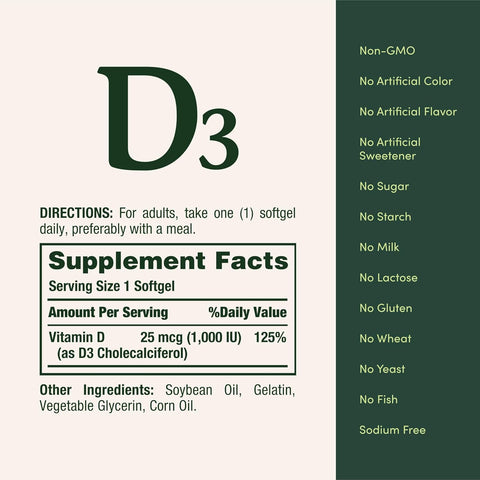 Nature's Bounty Vitamin D3 1000 IU Softgels, Immune Support, Promotes Healthy Bones, 1 Softgel per Day, Gluten Free, 350 Count