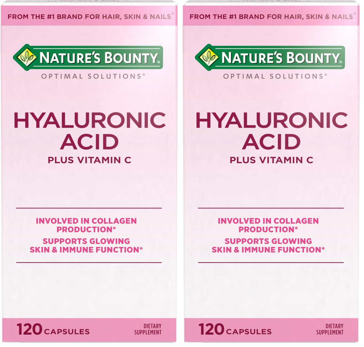 Nature's Bounty Vitamin C and Hyaluronic Acid Supplement, Supports Glowing Skin, Immune Function & Collagen Production, 120 Capsules - 60 Day Supply, Optimal Solutions Supplements for Skin Health