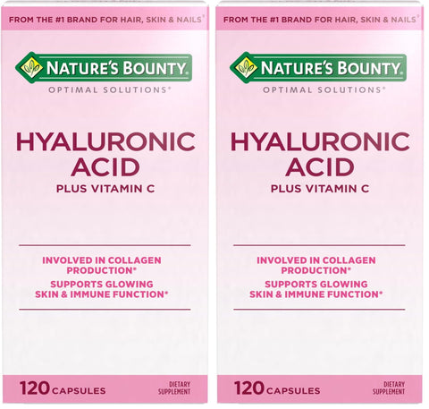 Nature's Bounty Vitamin C and Hyaluronic Acid Supplement, Supports Glowing Skin, Immune Function & Collagen Production, 120 Capsules - 60 Day Supply, Optimal Solutions Supplements for Skin Health