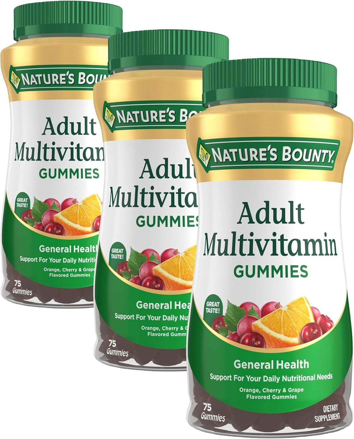 Nature's Bounty Adult Multivitamin Gummies, Vitamin Supplement, Daily Nutritional Needs, Orange, Cherry and Grape Flavor, 75 Gummies (Pack of 3)