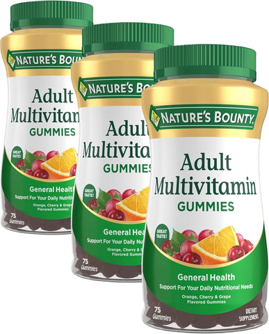Nature's Bounty Adult Multivitamin Gummies, Vitamin Supplement, Daily Nutritional Needs, Orange, Cherry and Grape Flavor, 75 Gummies (Pack of 3)