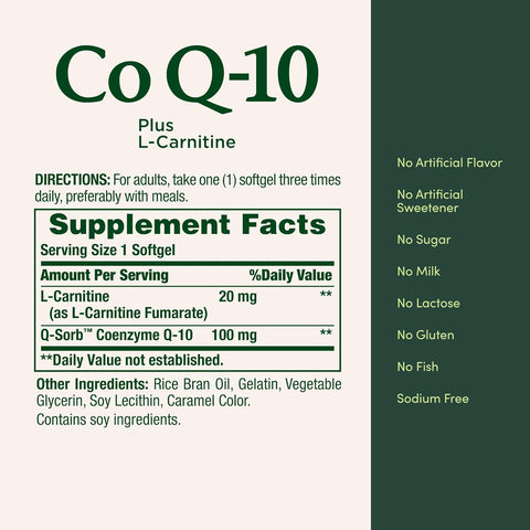 Nature's Bounty CoQ10, Dietary Supplement, Supports Heart Health, 100mg Plus L-Carnitine, Twin Pack, 120 Softgels