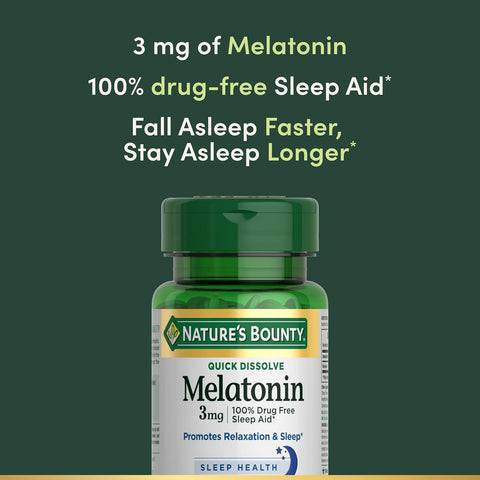Nature's Bounty Melatonin, Promotes Relaxation & Sleep, 100% Drug Free Sleep Aid, 3 mg, 120 Quick Dissolve Tablets