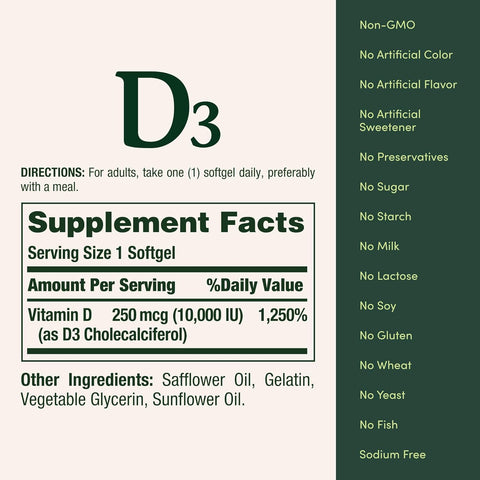 Nature's Bounty Vitamin D for Immune Support, Vitamin D Provides Immune Support and Promotes Healthy Bones, 10000IU, 72 Softgels (Pack of 1)