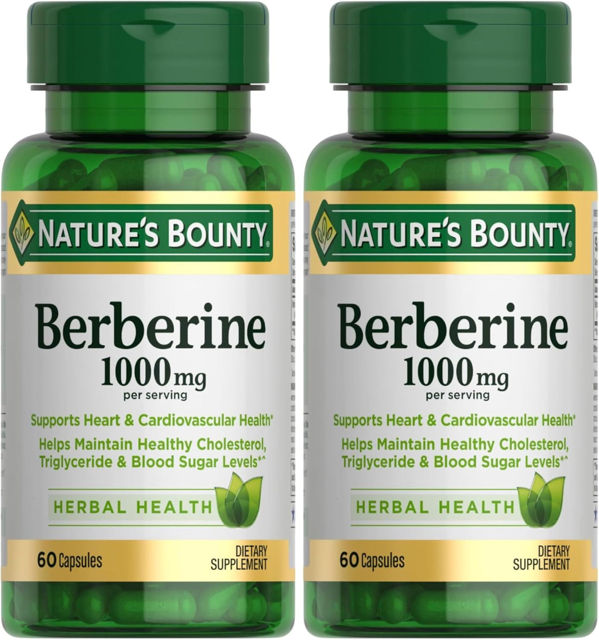 Nature's Bounty Berberine 1000mg Capsules,Supports Heart Health,Cholesterol & Blood Sugar Levels in a Normal Range,Non-GMO Supplement,60 Count (Pack of 2)