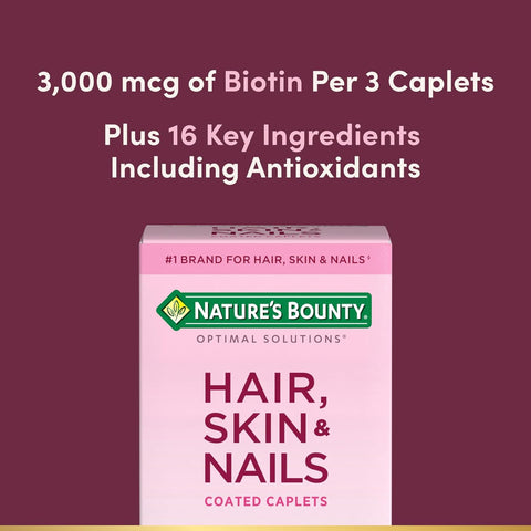 Nature's Bounty Optimal Solutions Hair, Skin & Nails Formula, with 3,000 mcg Biotin, 60 Coated Caplets, 20 Total Servings