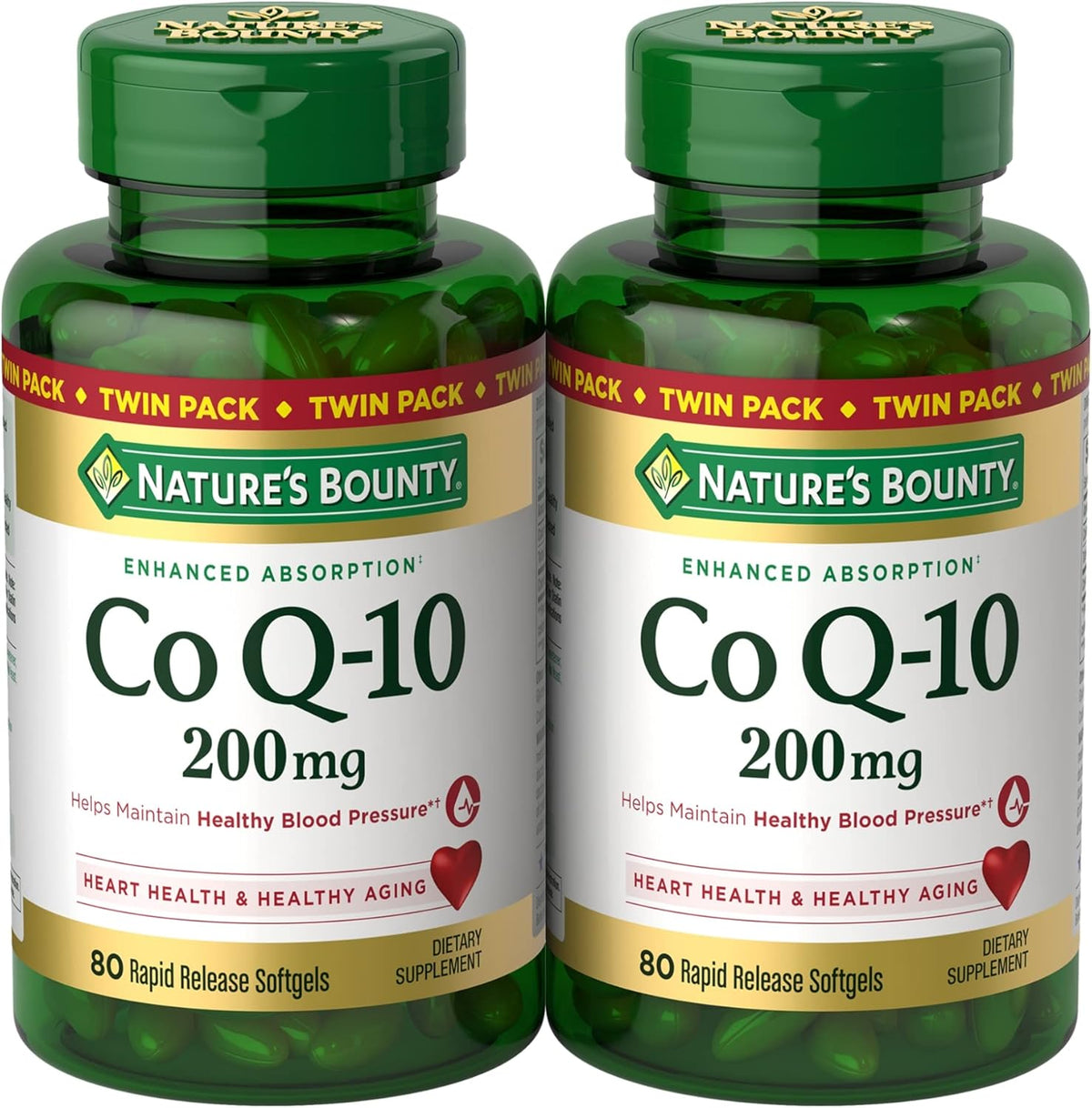 Nature’s Bounty CoQ10 200 mg Softgels, Heart Health & Cellular Energy Support, Twin Pack, 160 Rapid Release Softgels
