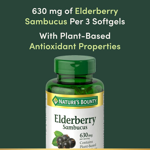 Nature's Bounty Sambucus Elderberry Herbal Supplement, Rapid Release Softgels, 630 mg per Serving, 120 Count