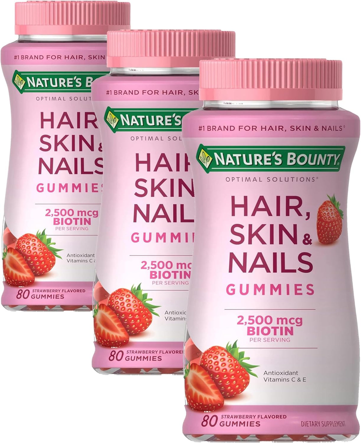Nature's Bounty Optimal Solutions Hair,Skin & Nails Vitamin Gummies with Biotin,2500 mcg,Strawberry,80 Count (Pack of 3)