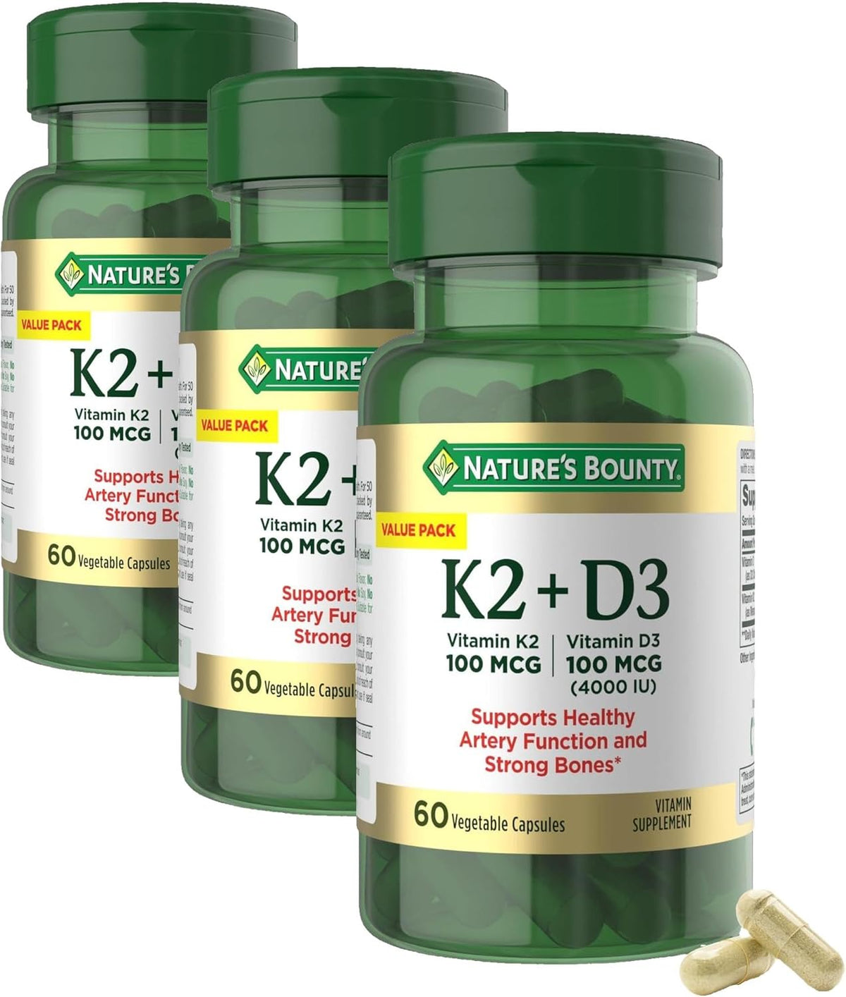 Nature's Bounty Vitamin D3 K2 Supplement, 4000 IU, D3 Plus 100 mcg of Vitamin K Supplements for Adults for Heart & Bone Health Support, 60 Day Supply, 60 Vegetarian Capsules (Pack of 3)