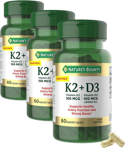 Nature's Bounty Vitamin D3 K2 Supplement, 4000 IU, D3 Plus 100 mcg of Vitamin K Supplements for Adults for Heart & Bone Health Support, 60 Day Supply, 60 Vegetarian Capsules (Pack of 3)