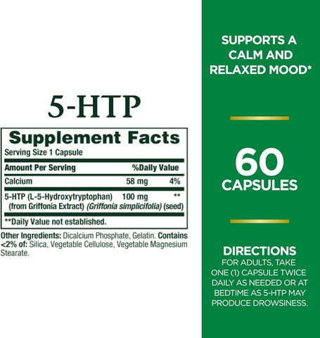 Nature's Bounty 5-HTP Pills and Dietary Supplement, Supports a Calm and Relaxed Mood, 100mg, 60 Capsules (Pack of 2)