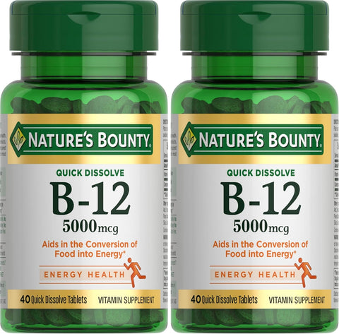 Nature's Bounty Vitamin B12, Supports Energy Metabolism and Nervous System Health, 5000mcg, 40 Quick Dissolve Tablets (Pack of 2)