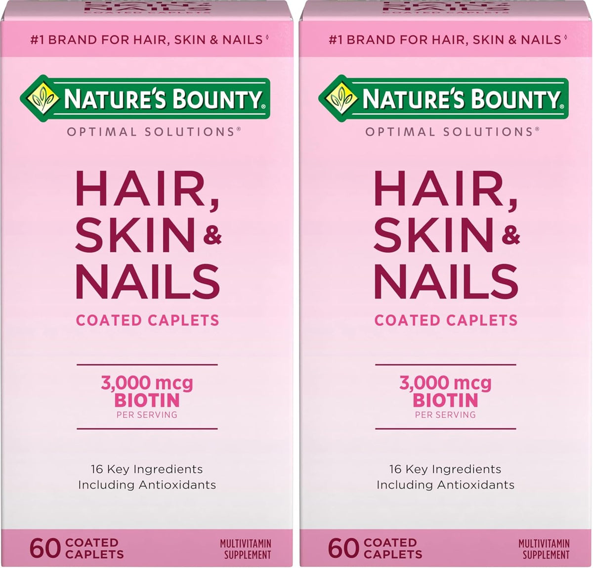 Nature's Bounty Optimal Solutions Hair, Skin & Nails Formula, with 3,000 mcg Biotin, 20 Total Servings, 60 Coated Caplets (Pack of 2)