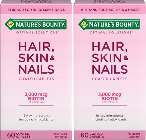 Nature's Bounty Optimal Solutions Hair, Skin & Nails Formula, with 3,000 mcg Biotin, 20 Total Servings, 60 Coated Caplets (Pack of 2)