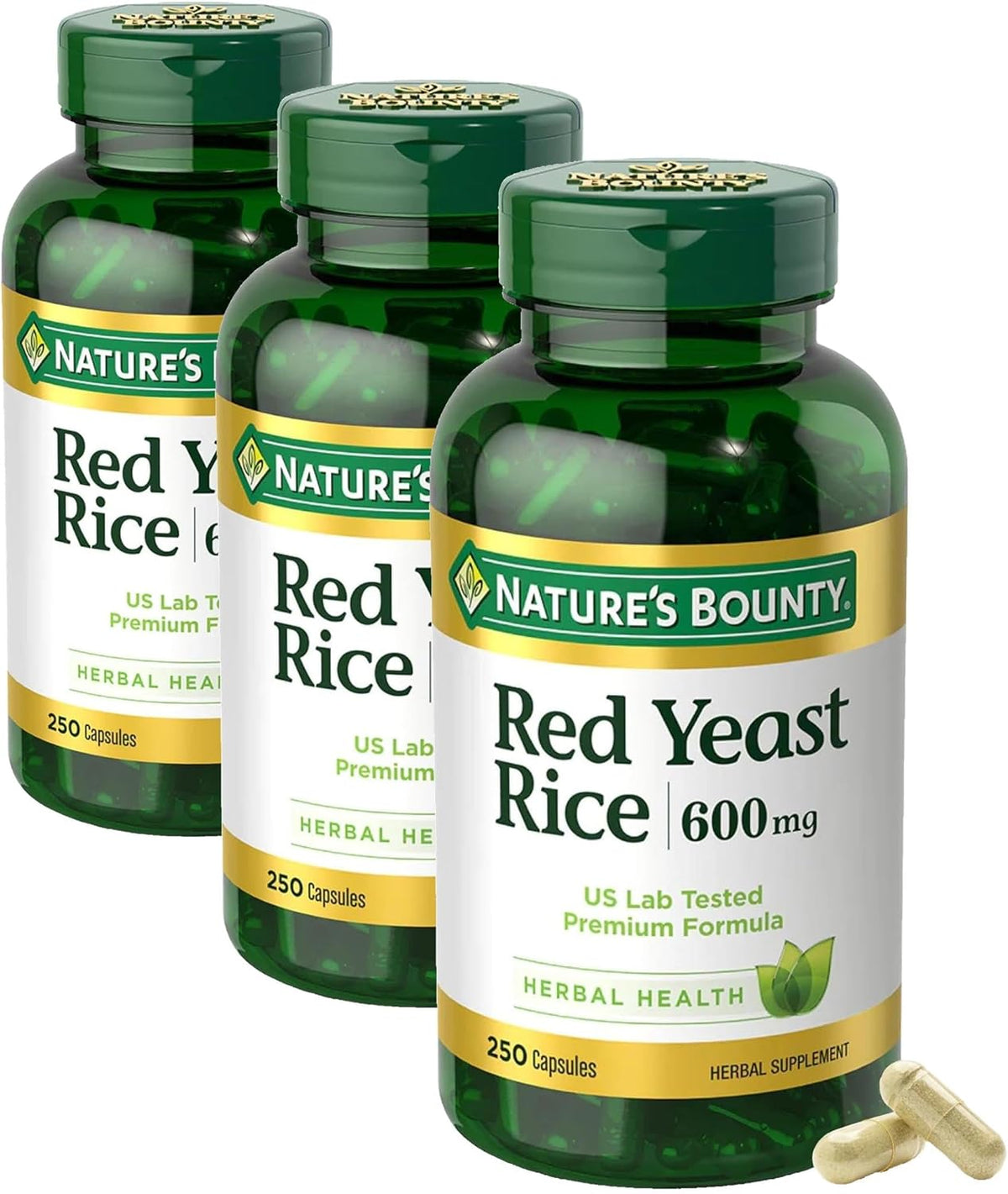 Nature's Bounty Red Yeast Rice, Herbal Supplement, 600mg, 250 Capsules (Pack of 3)