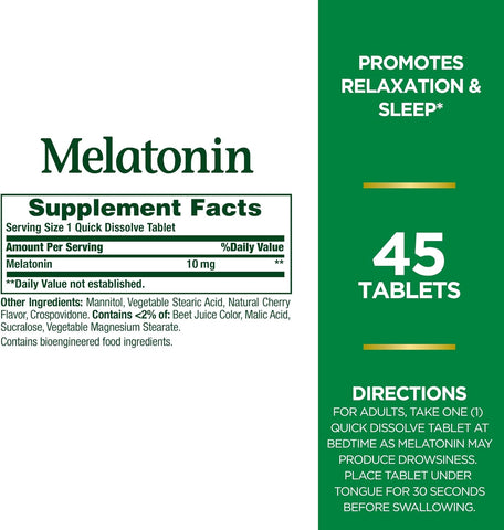 Nature's Bounty Melatonin, 100% Drug Free Sleep Aid, Dietary Supplement, Promotes Relaxation and Sleep Health, 10mg, 45 Quick Dissolve Tablets (Pack of 2)