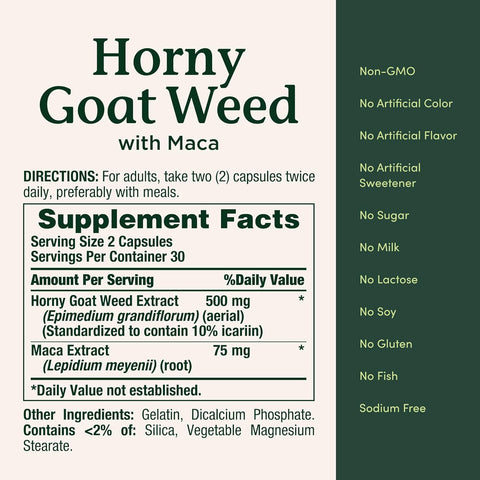 Nature's Bounty Horny Goat Weed with Maca, Herbal Health Supplement, 60 Capsules