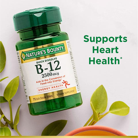 Nature's Bounty Vitamin B12 2500 mcg, Cellular Energy Support, for Energy Metabolism, Heart & Nervous System Health, 75 Quick Dissolve Tablets (Pack of 2)