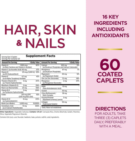 Nature's Bounty Optimal Solutions Hair, Skin & Nails Formula, with 3,000 mcg Biotin, 20 Total Servings, 60 Coated Caplets (Pack of 2)