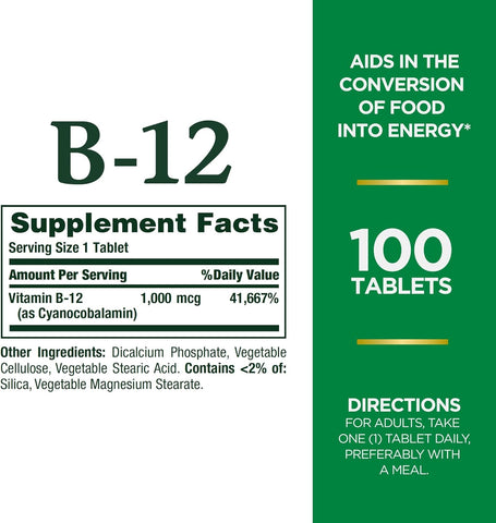Nature's Bounty Vitamin B12, Vitamin Supplement, Supports Energy Metabolism and Nervous System Health, 1000mcg, 100 Tablets (Pack of 2)